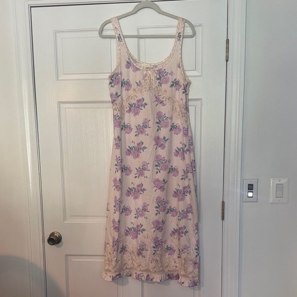 LoveShackFancy White and Purple Midi Slip Dress with Floral Print - Picture 1 of 6